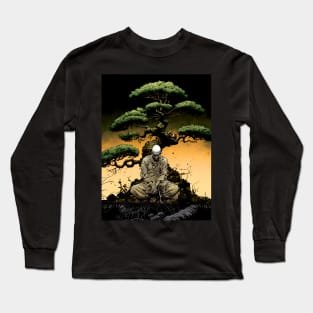 Tranquility in Chaos: Meditating Under the Japanese Bonsai Tree on a Dark Background Long Sleeve T-Shirt